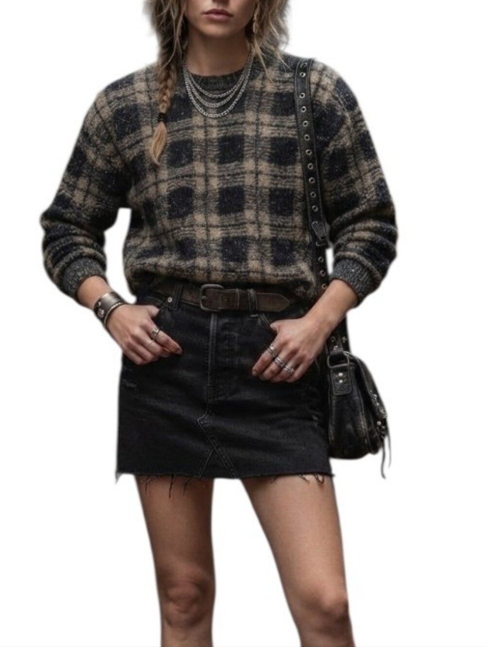 Vintage Knights Bridge Textured Checkered Pullover Sweater Black Tan Large